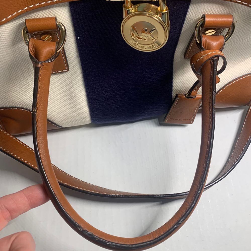 Michael Kors Hamilton Satchel Navy and Cream Stripe Canvas/Leather Shoulder Bag - Picture 12 of 16